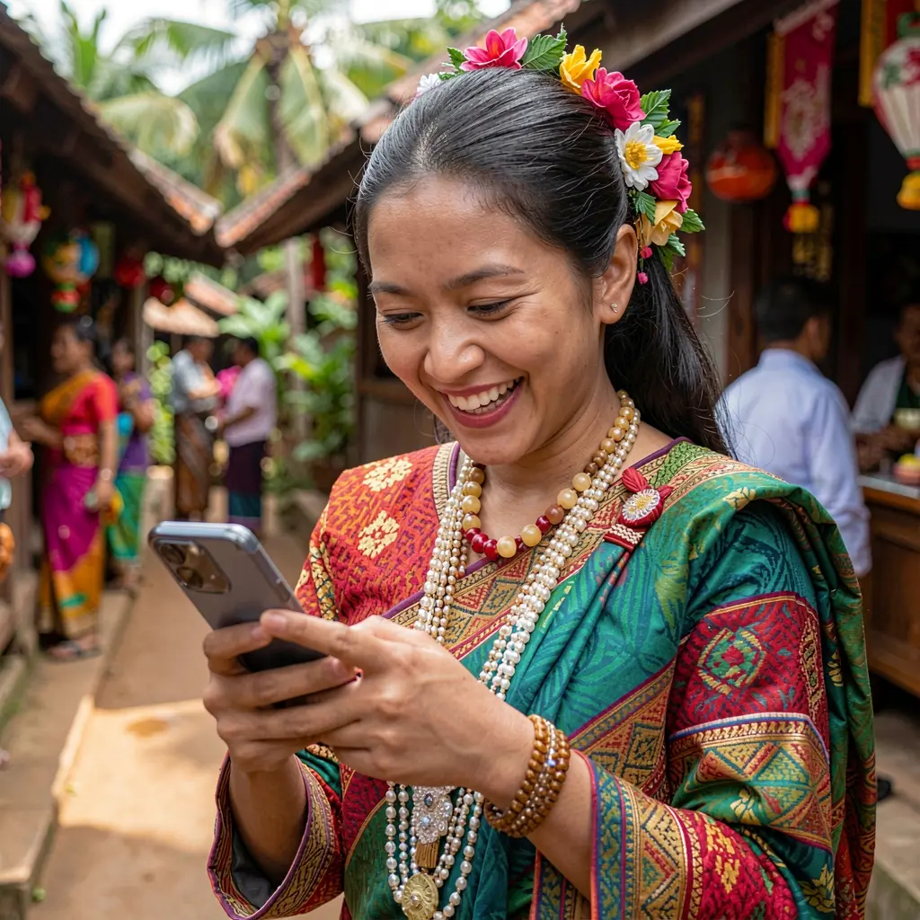 FFVIP88 App – Enjoy a smooth and engaging mobile casino experience in the Philippines Young Filipino woman in colorful traditional attire smiling while using the FFVIP88 casino app on her smartphone