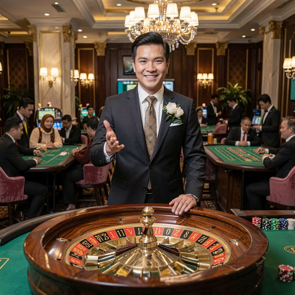 Elegant live casino dealer at a roulette table with a welcoming gesture in a glamorous studio setting representing the premium FFVIP88 live casino experience for players in the Philippines