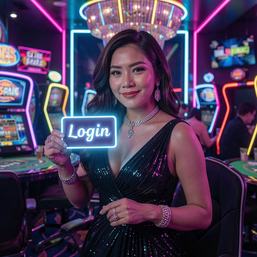 FFVIP88 Login – Secure and stylish access to your gaming account in the Philippines Stylish Filipino woman in a glamorous dress holding a glowing login card in a neon casino setting representing secure access at FFVIP88 Philippines